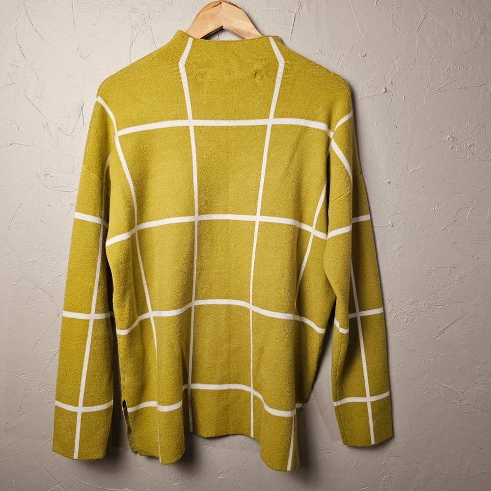 MAX STUDIO Women's Green / Mustard Yellow Grid Print Mock‎ Neck Sweater XL EUC